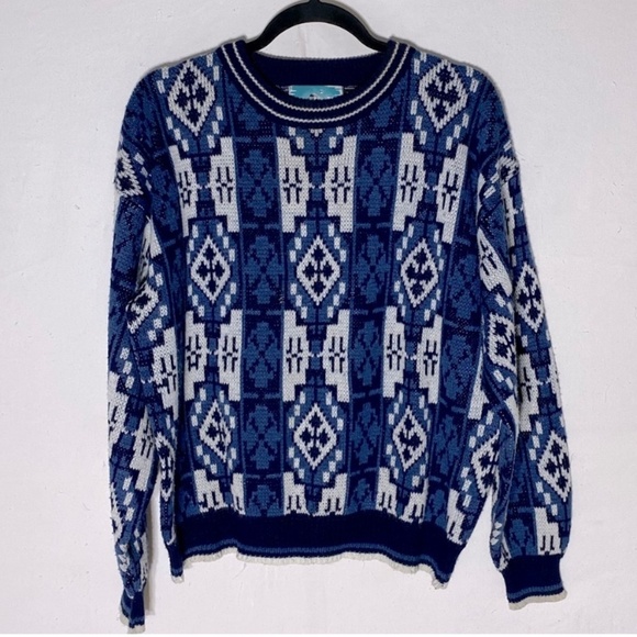 Vintage Botany 500 Blue White Jacquard Crew Neck 80s 90s Dad Sweater L - Picture 1 of 12